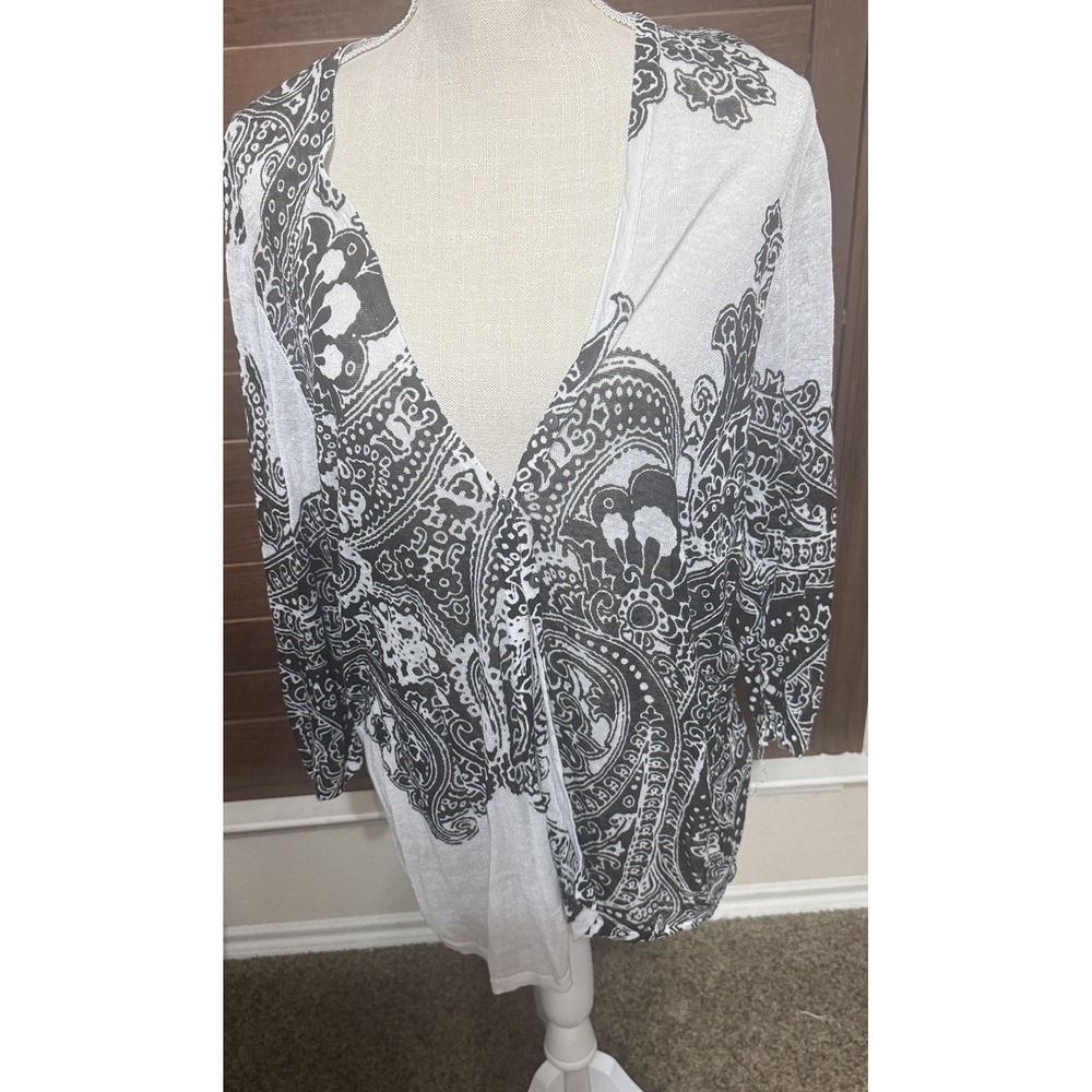 Chicos Linen Blend Paisley Cardigan Black White Boho Lightweight Sweater 2/L